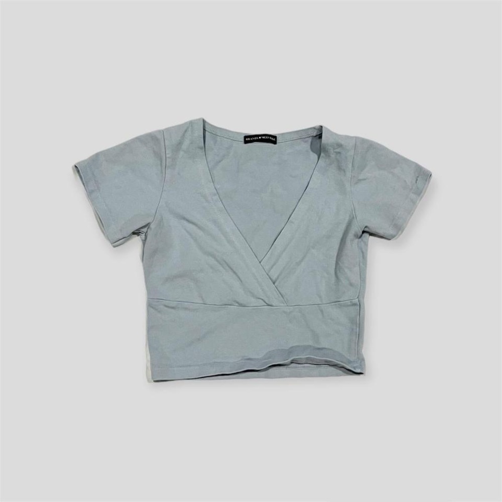 Brandy Melville Amara Top; Baby Blue Basic V-Neck Cross Over Cropped Tee
